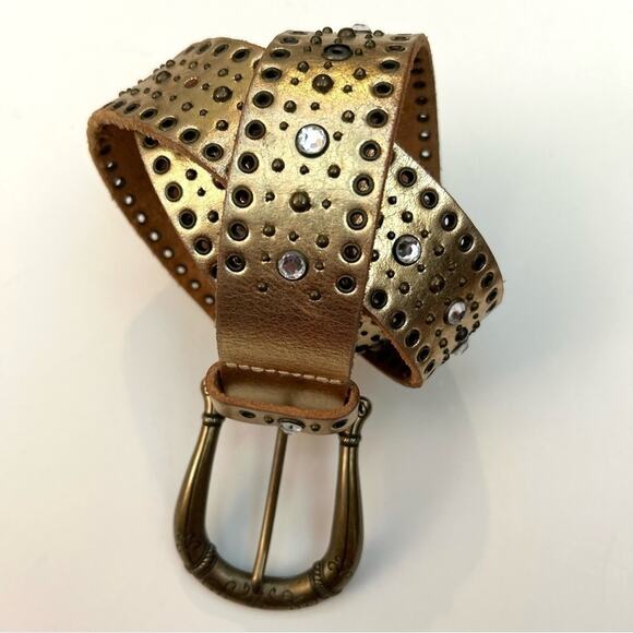 Fossil Gold Metallic Leather Belt, Studded with Rhinestones and Grommets, Size S - Picture 1 of 16